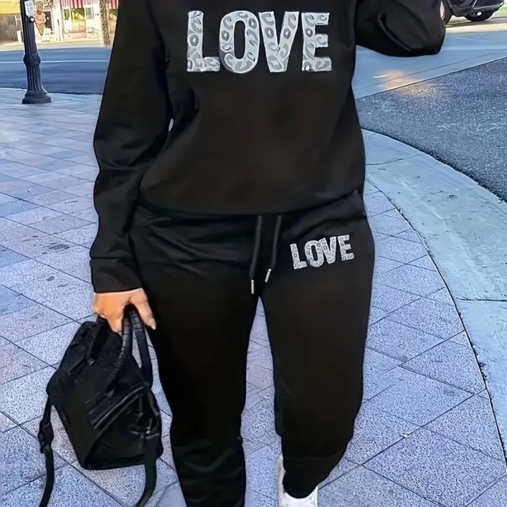 Pants Set Crew Neck Long Sleeve Top & Drawstring Pants Love Print